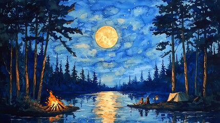 Canvas Print - Watercolor Painting of a Campsite Under a Full Moon.