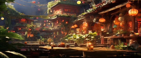 Wall Mural - a fantastical, lush, and vibrant scene of a village nestled within a dense forest, with a variety of buildings, plants, and lanterns creating a magical atmosphere.