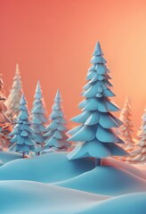 Wall Mural - A group of stylized, snow-covered pine trees stands against a gradient background of orange and pink hues, creating a serene winter landscape.