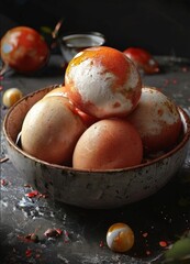 Wall Mural - A bowl of six eggs with a vibrant orange and white speckled pattern sits on a dark surface, surrounded by scattered marbles and a small metal container.