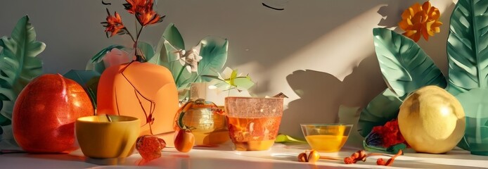 A still life arrangement featuring a vase with flowers, a bowl of fruit, a cup of orange juice, and a yellow egg, all set against a backdrop of tropical leaves and flowers.