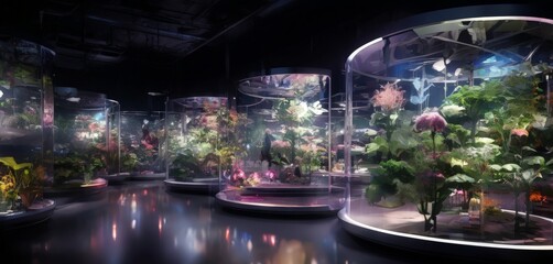 Wall Mural - a dimly lit room with several glass display cases containing various plants and flowers, creating a visually striking and immersive environment.