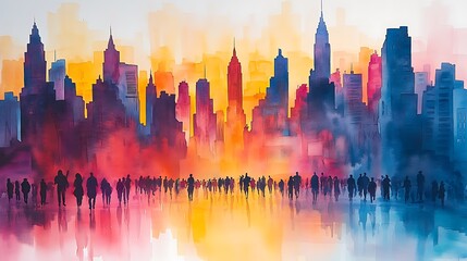 Sticker - Watercolor Cityscape with Silhouette of People in Front of Skyscrapers.