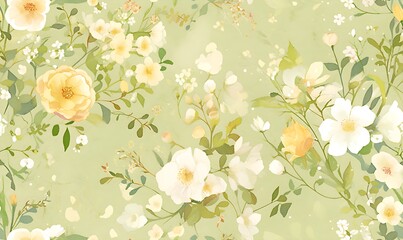 Wall Mural - Delicate white flowers, leaves, and vines watercolored on a green background with intricate pink and yellow floral seamless pattern