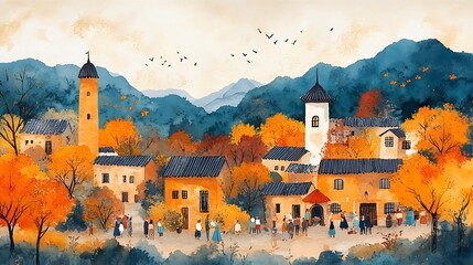 Wall Mural - Watercolor Painting of a Small Town in the Fall.