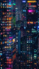 Wall Mural - Vivid nighttime cityscape  skyscraper windows reflecting neon lights against dark sky