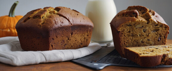 Homemade Pumpkin Bread with Walnuts and a Glass of Milk