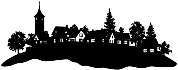 Silhouette of a small rural village, in black, isolated 