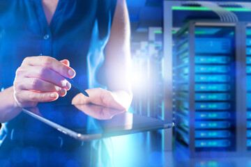 Poster - Big data analysis. Woman with tablet in server room. Cropped lady big data analyst. Hosting provider manager with tablet computer. Monitoring server load through gadget. Woman working in server room