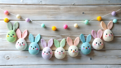 Colorful felt bunnies hanging on a garland against a wooden background