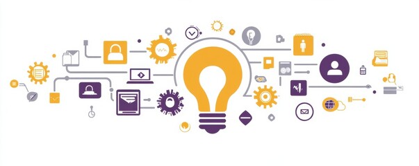 Poster - Innovative flat illustration of interconnected gears and technology icons with a central light bulb symbolizing creativity and digital solutions
