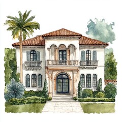 mediterranean mansion watercolor painting - isolated white background 1