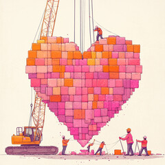 Canvas Print - a line illustration of a heart being built out of bricks, with a crane lowering the last regular brick into place