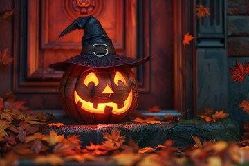 A pumpkin lantern with a witch hat, glowing on a doorstep, surrounded by autumn leaves, with copy space.