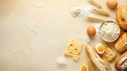 clean beige background. along the edge of the sheet, wheat, breads, cheese, eggs, flour and photorealistic