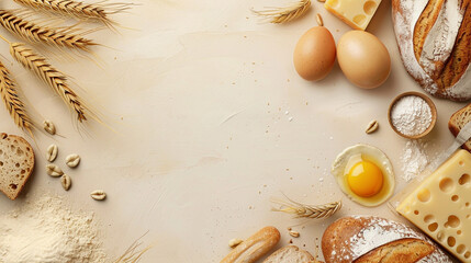 clean pink background. along the edge of the sheet, wheat, breads, cheese, eggs, flour and photorealistic