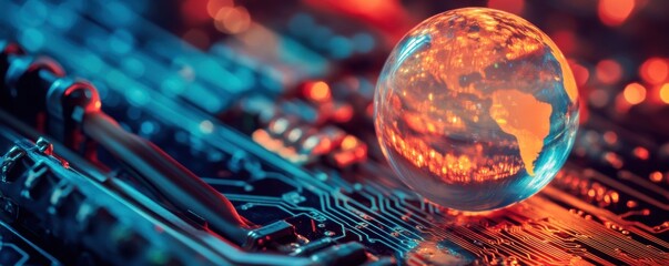 Poster - Glass globe resting atop illuminated circuitry symbolizing global connectivity and digital communication