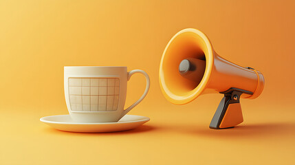 A realistic 3D icon set of a white tea cup, calendar, and megaphone, presented in a clean, cartoon-style format with soft edges and bright colors.