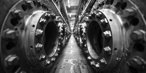 A black and white close-up of industrial machinery showcasing symmetrical large round metal components with bolts in a factory setting