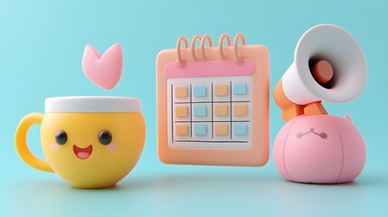 A set of 3D icons in a fun, cartoon style layout, featuring a white tea cup, a calendar, and a megaphone, with soft textures and shadows.