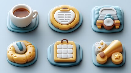 A set of 3D icons in a fun, cartoon style layout, featuring a white tea cup, a calendar, and a megaphone, with soft textures and shadows.