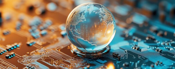 Poster - glass globe on a circuit board representing global technology, digital communication, and futuristic