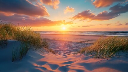 Wall Mural - A stunning sunset over a sandy beach, with grass blowing in the wind.