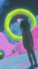 Wall Mural - futuristic cloud, a lone figure with dreads on his head stands by a multi dimensional object