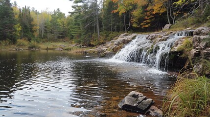 Wall Mural - A small waterfall in a forest, with green trees and a calm body of water.