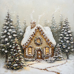 Wall Mural - oil painting, gingerbread house, christmas trees with lights, ivory background, muted tones