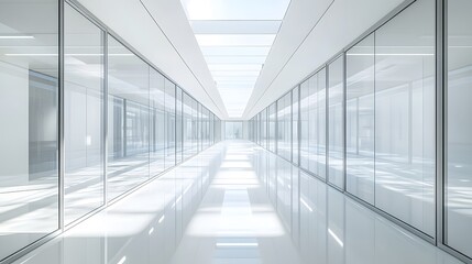 Wall Mural - bright modern office corridor, sleek glass walls, sunlit interior, clean minimalist design, polished
