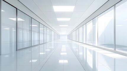 Wall Mural - bright modern office corridor, sleek glass walls, sunlit interior, clean minimalist design, polished