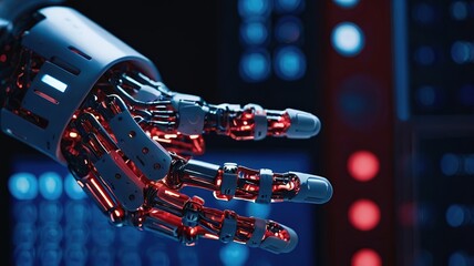 Fototapete - Futuristic robotic hand with glowing lights, showcasing advanced technology in a cybernetic environment.