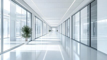 Wall Mural - bright modern office corridor, sleek glass walls, sunlit interior, clean minimalist design, polished