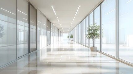 Wall Mural - bright modern office corridor, sleek glass walls, sunlit interior, clean minimalist design, polished