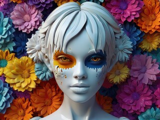 Wall Mural - Painting drawing generative ai collage of scary girl with flowers in modern art style,weird colorful charming woman covered in rainbow paint