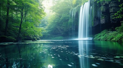 Wall Mural - A waterfall flows into a still pool of water surrounded by green trees.