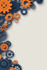 Poster - Abstract composition of interlocking orange and navy blue gears on a gray background symbolizing industry, teamwork, and innovation