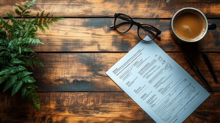 Wall Mural - Business plan blueprint on a wooden desk with coffee and glasses, strategic planning concept, on simple background