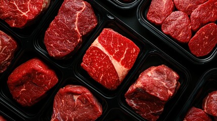 Wall Mural - Marbled beef on display, black plastic trays, top view, clear windows, branding area visible