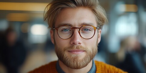 Wall Mural - This image depicts a young man with a light brown beard, wearing round glasses, and an orange sweater, photographed in an indoor, softly-lit environment with blurred background