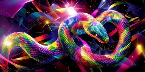 A creative illustration of a snake made of colorful, glowing geometric shapes, set against a futuristic backdrop with vibrant lights and abstract elements