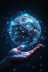 Wall Mural - Hand holding a glowing digital globe symbolizing global connectivity and futuristic technology concepts