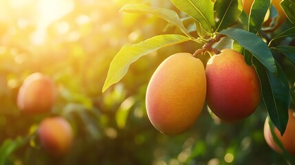 Ripe juicy mangoes on tree, vibrant tropical fruits, lush green leaves, sunlit orchard, close-up nature photography, succulent golden-red skin, organic farming, summer harvest.