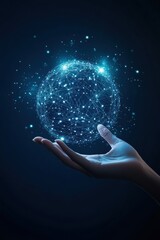 Poster - A hand holding a digital glowing globe, representing global communication and connectivity in a futuristic and technological landscape.