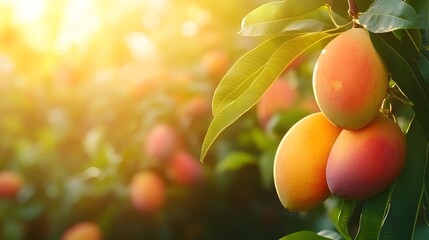 Ripe juicy mangoes on tree, vibrant tropical fruits, lush green leaves, sunlit orchard, close-up nature photography, succulent golden-red skin, organic farming, summer harvest.