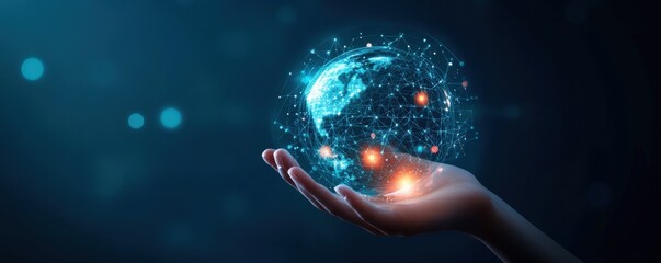 Aufkleber - Hand holding a glowing digital globe with networks and connections representing global communication and futuristic technology concepts
