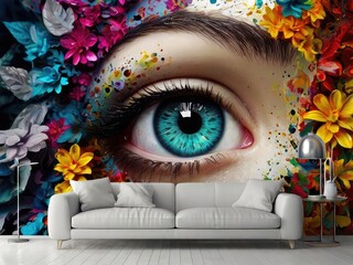 Wall Mural - Creative multi-colored eye of the scary human eyeball, showing creativity and artistic expression of fashion, visionary design.