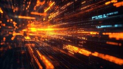 Abstract digital data stream with glowing orange lines and code.