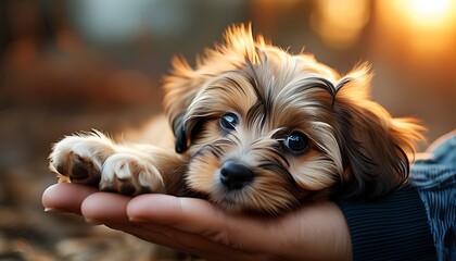 A cute puppy lies on the palm of a person, with soft hair and gentle eyes, creating a warm atmosphere.